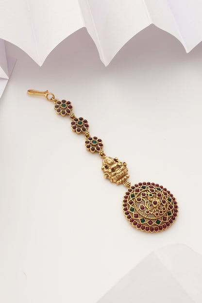 Gold Finish Multi-Colored Stone Temple Maangtikka