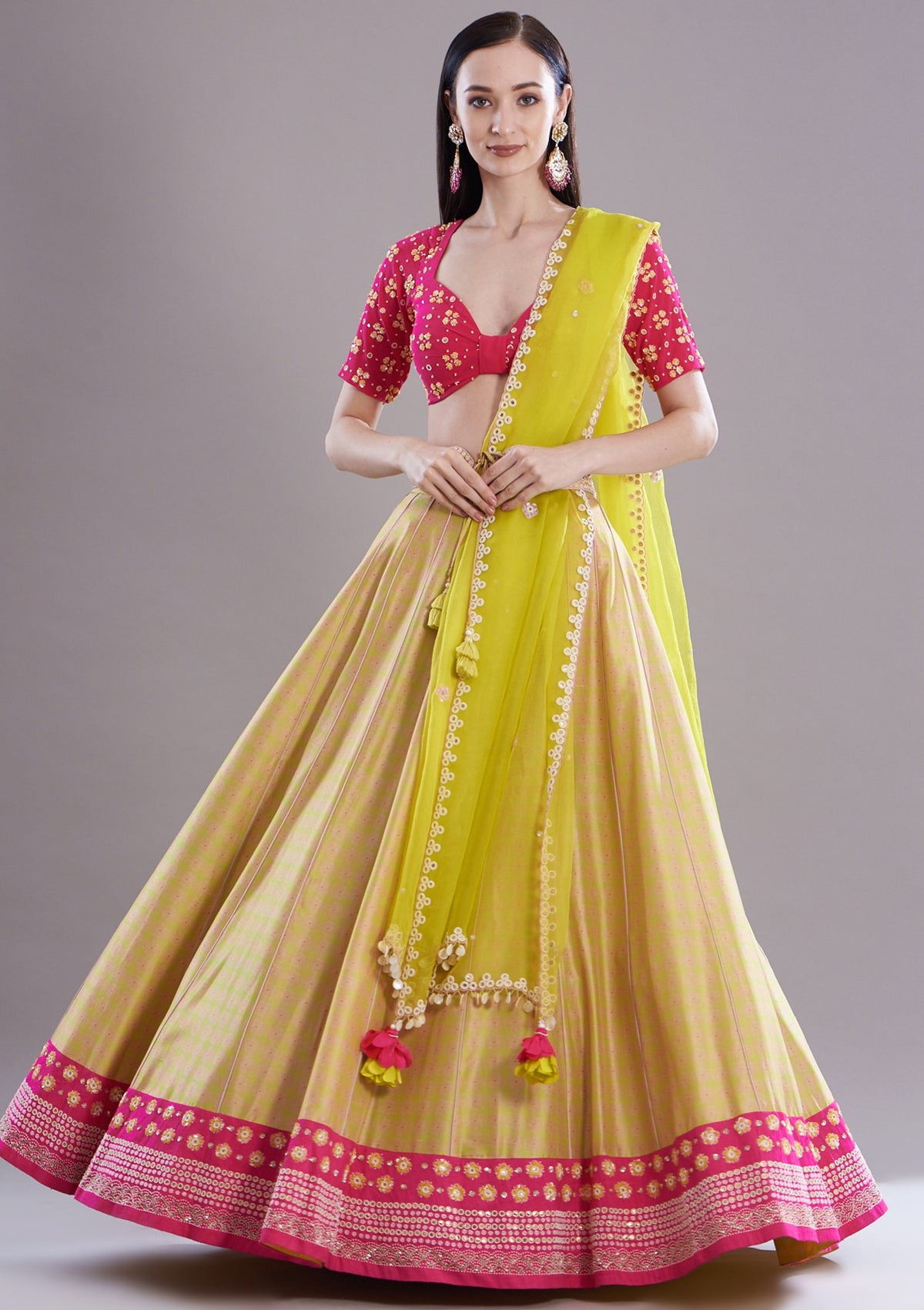 Spring Green Silk Embroidered & Printed Lehenga Set