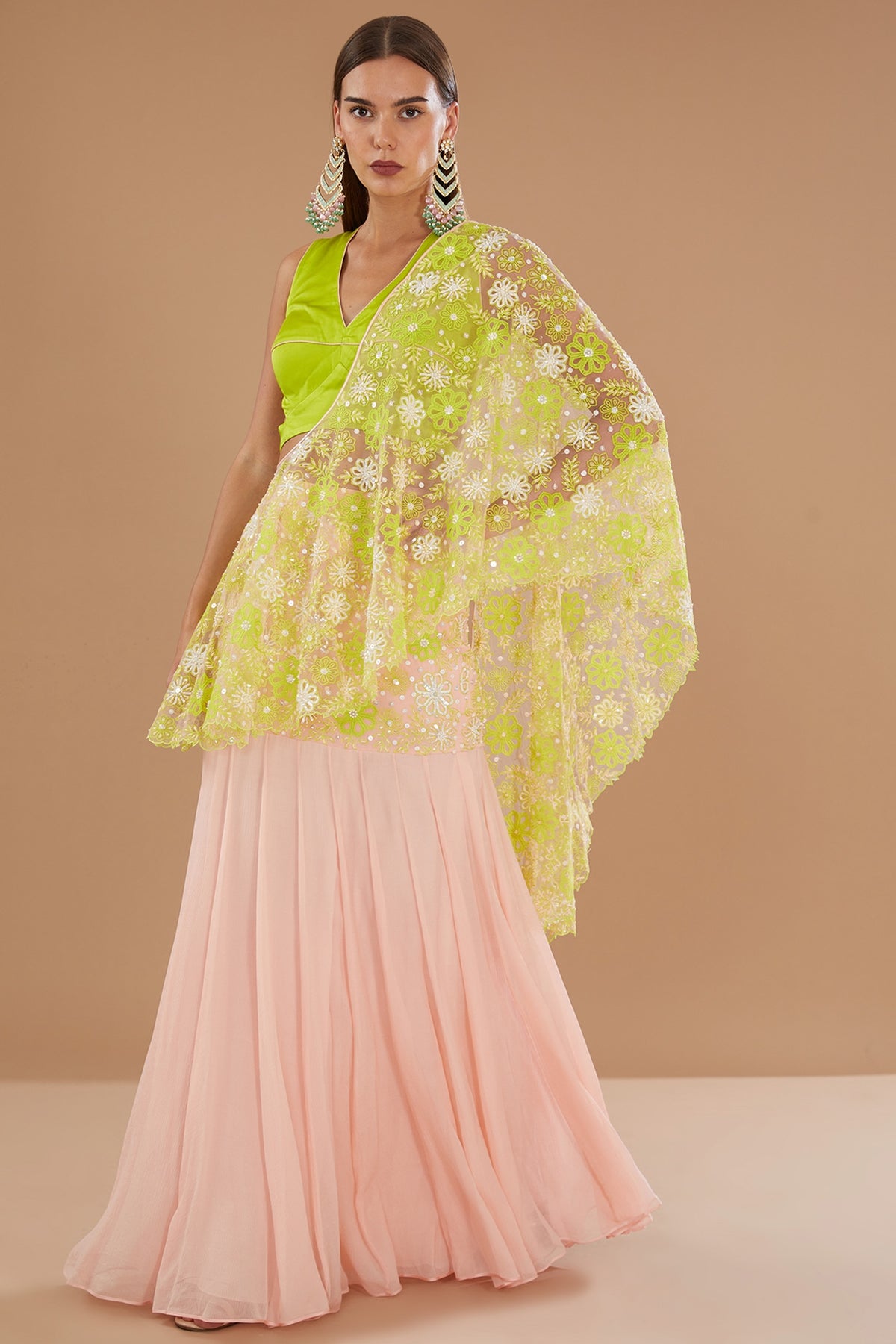 Crystal Rose & Spring Green Chiffon Machine Embroidered Draped Skirt Saree Set