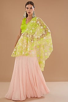 Crystal Rose & Spring Green Chiffon Machine Embroidered Draped Skirt Saree Set