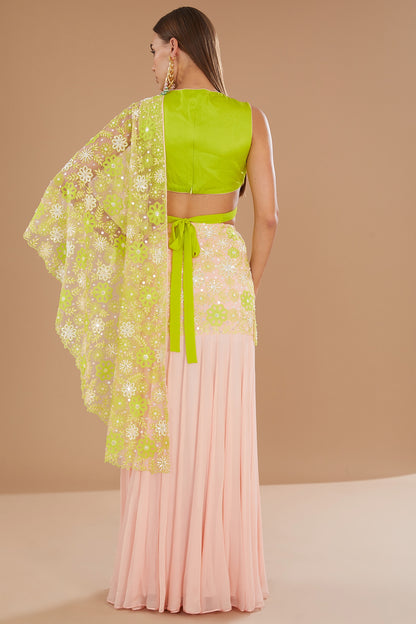 Crystal Rose & Spring Green Chiffon Machine Embroidered Draped Skirt Saree Set