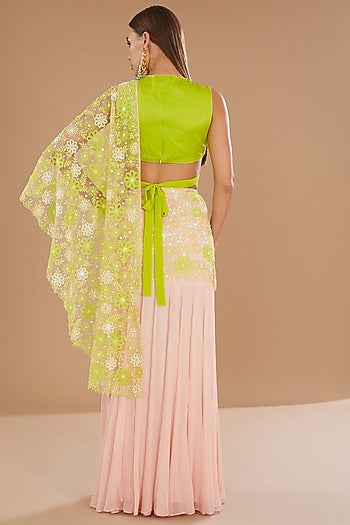 Crystal Rose & Spring Green Chiffon Machine Embroidered Draped Skirt Saree Set