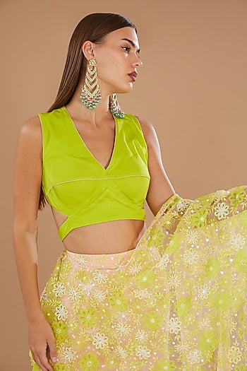 Crystal Rose & Spring Green Chiffon Machine Embroidered Draped Skirt Saree Set