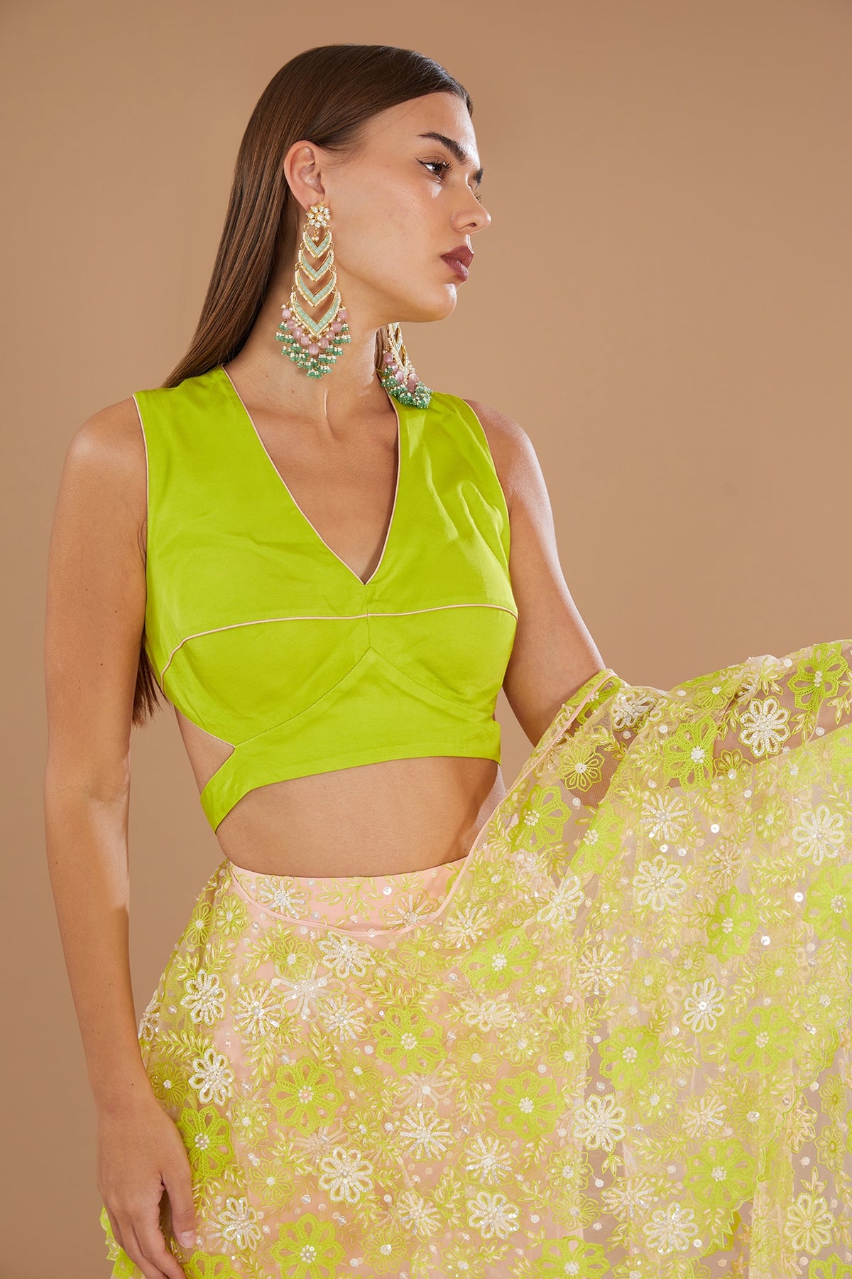 Crystal Rose & Spring Green Chiffon Machine Embroidered Draped Skirt Saree Set