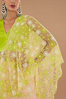 Crystal Rose & Spring Green Chiffon Machine Embroidered Draped Skirt Saree Set