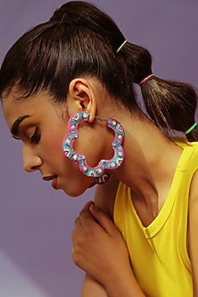 Turquoise Bead Embroidered Floral Hoop Earrings
