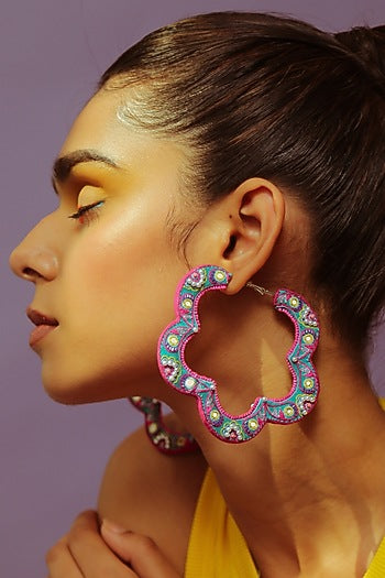 Turquoise Bead Embroidered Floral Hoop Earrings