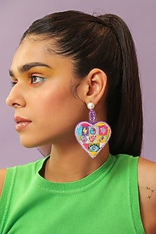 Multi-Colored Hand Embroidered Heart Dangler Earrings