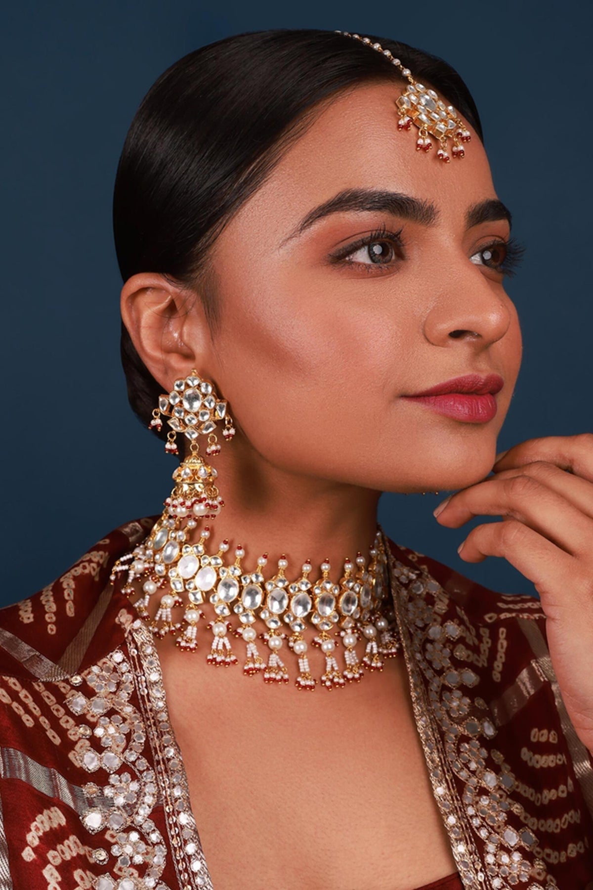 Kundan & Pearl Drop Embellished Necklace Set 