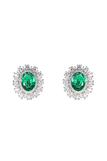 White Finish Semi-Precious Emerald Stone & Diamond Stud Earrings