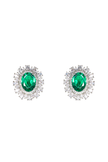 White Finish Semi-Precious Emerald Stone & Diamond Stud Earrings