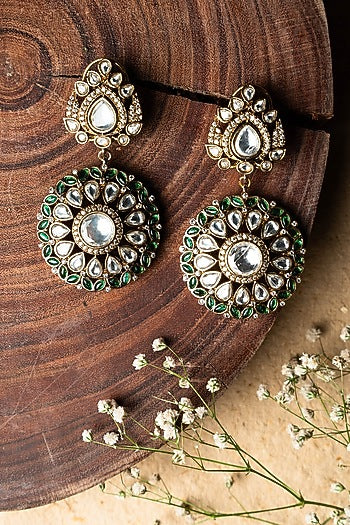 Black Rhodium Finish Kundan Polki & Emerald Dangler Earrings