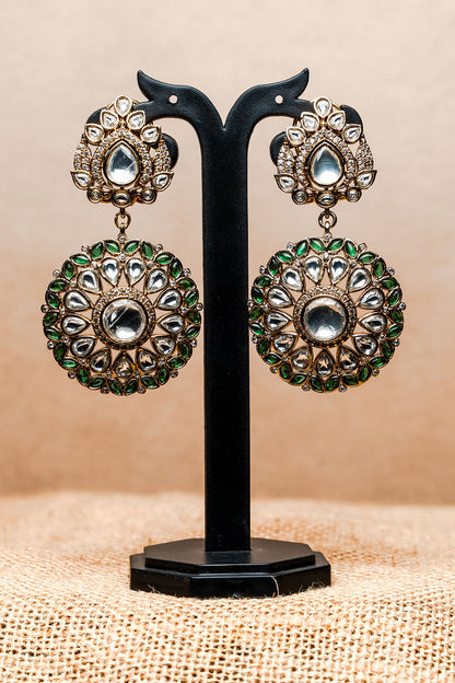 Black Rhodium Finish Kundan Polki & Emerald Dangler Earrings