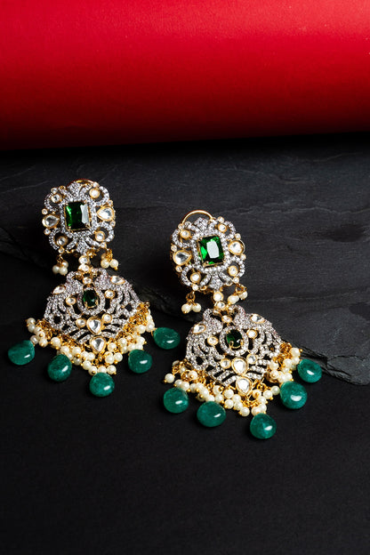 Gold Finish CZ Diamond & Kundan Polki Dangler Earrings