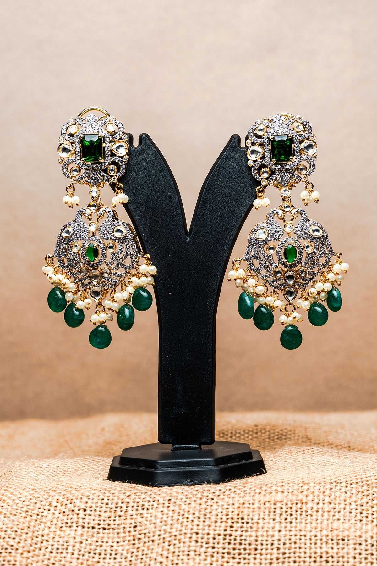 Gold Finish CZ Diamond & Kundan Polki Dangler Earrings