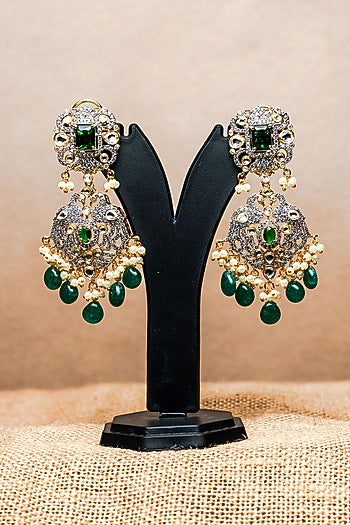 Gold Finish CZ Diamond & Kundan Polki Dangler Earrings