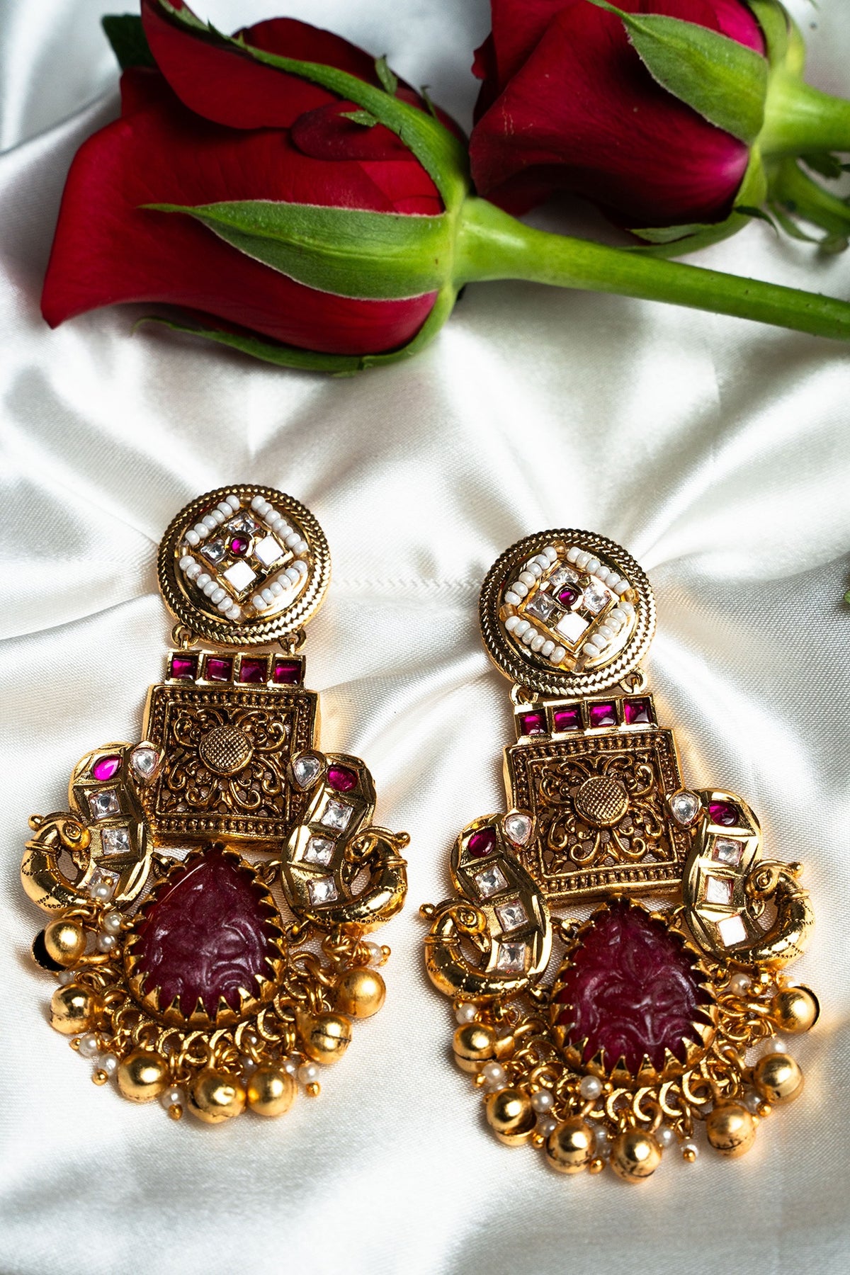 Gold Finish Synthetic Stone Dangler Earrings