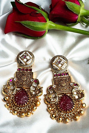 Gold Finish Synthetic Stone Dangler Earrings