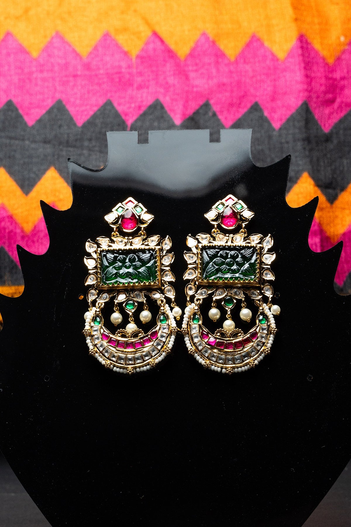 Gold Finish Kundan Polki & Semi-Precious Beaded Dangler Earrings