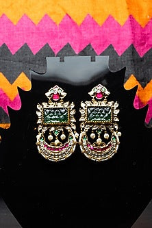 Gold Finish Kundan Polki & Semi-Precious Beaded Dangler Earrings
