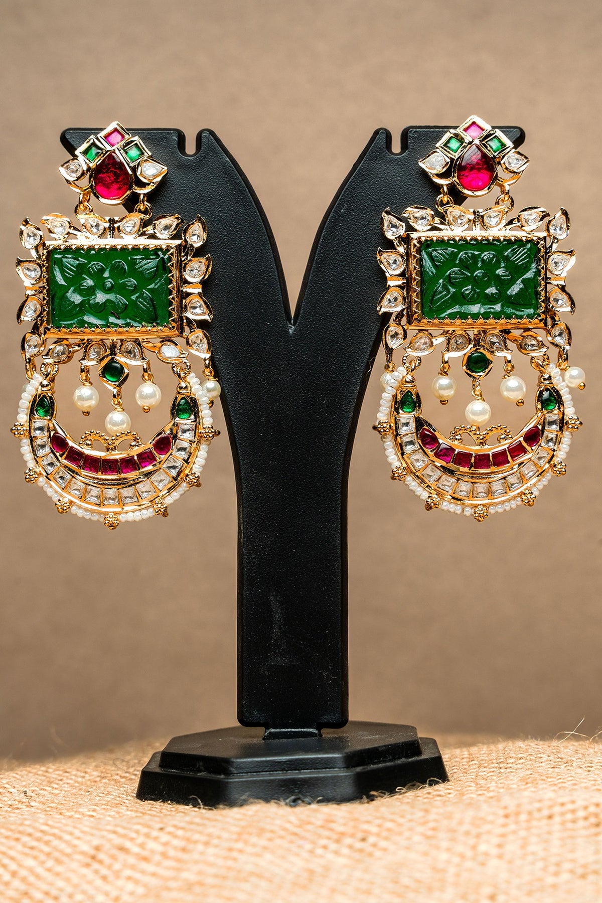 Gold Finish Kundan Polki & Semi-Precious Beaded Dangler Earrings