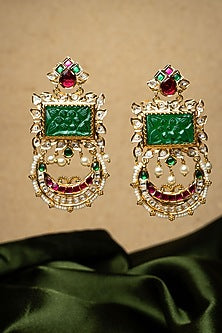 Gold Finish Kundan Polki & Semi-Precious Beaded Dangler Earrings