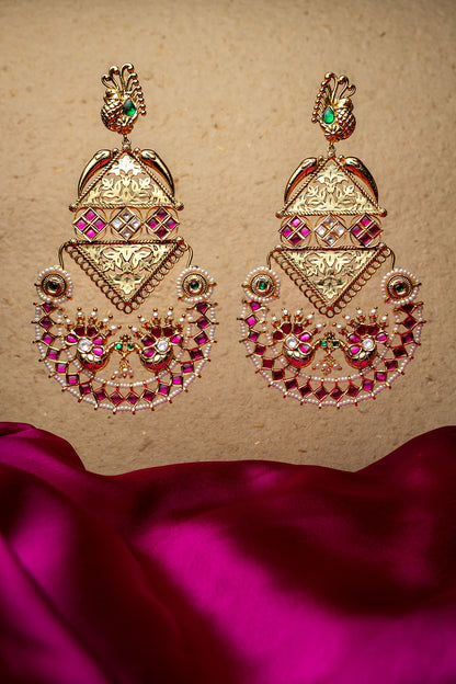 Gold Finish Kundan Polki & Semi-Precious Beaded Dangler Earrings