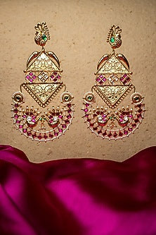 Gold Finish Kundan Polki & Semi-Precious Beaded Dangler Earrings