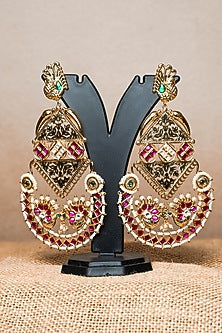 Gold Finish Kundan Polki & Semi-Precious Beaded Dangler Earrings