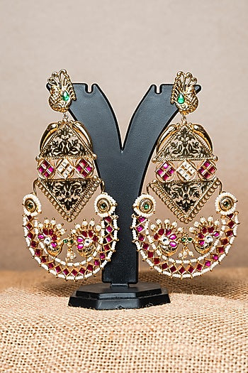 Gold Finish Kundan Polki & Semi-Precious Beaded Dangler Earrings
