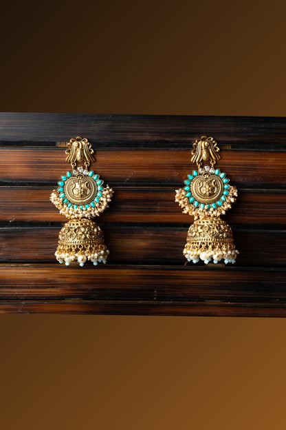Gold Finish Semi-Precious Beaded Jhumka Earrings