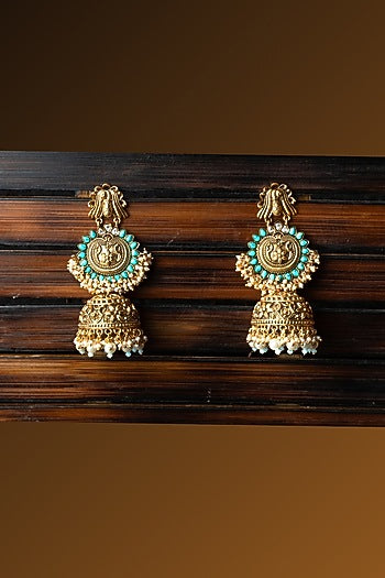 Gold Finish Semi-Precious Beaded Jhumka Earrings
