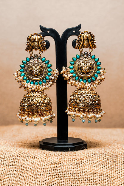 Gold Finish Semi-Precious Beaded Jhumka Earrings