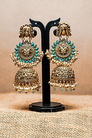 Gold Finish Semi-Precious Beaded Jhumka Earrings
