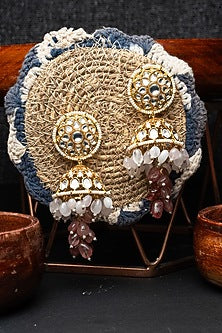 Gold Finish Kundan Polki & Semi-Precious Beaded Jhumka Earrings