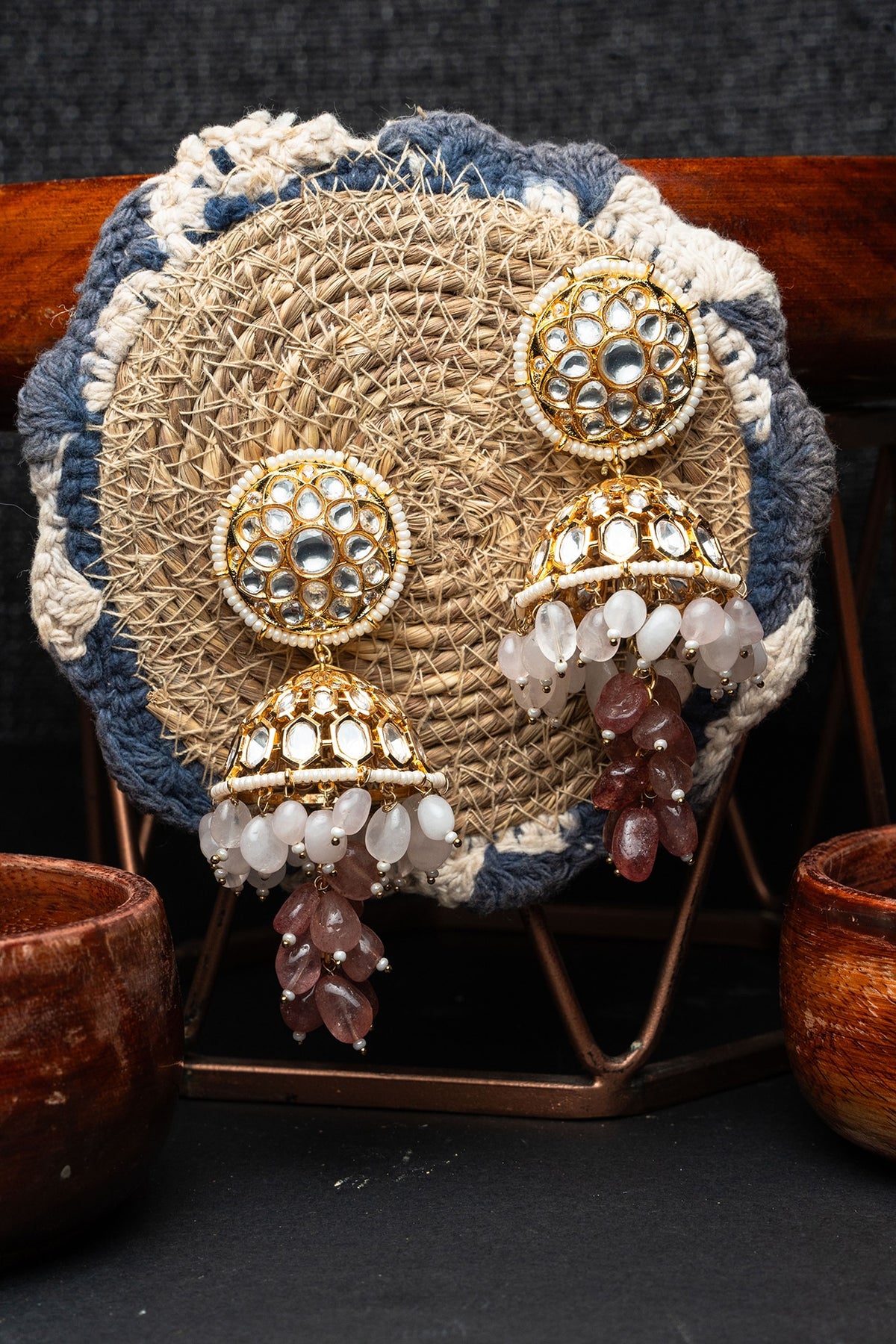 Gold Finish Kundan Polki & Semi-Precious Beaded Jhumka Earrings