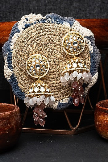 Gold Finish Kundan Polki & Semi-Precious Beaded Jhumka Earrings
