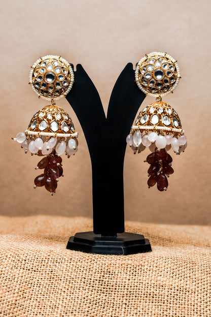 Gold Finish Kundan Polki & Semi-Precious Beaded Jhumka Earrings