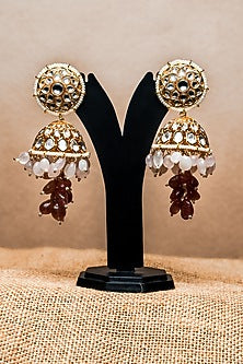 Gold Finish Kundan Polki & Semi-Precious Beaded Jhumka Earrings