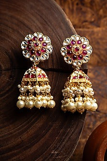Gold Finish Kundan Polki & Semi-Precious Stone Jhumka Earrings