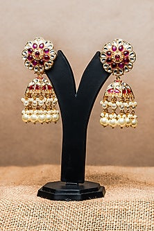 Gold Finish Kundan Polki & Semi-Precious Stone Jhumka Earrings