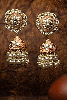 Gold Finish Kundan Polki & Pearl Jhumka Earrings
