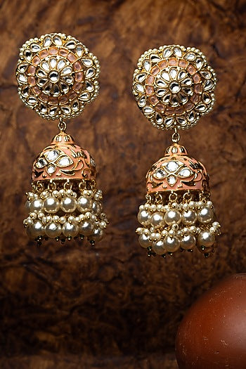 Gold Finish Kundan Polki & Pearl Jhumka Earrings