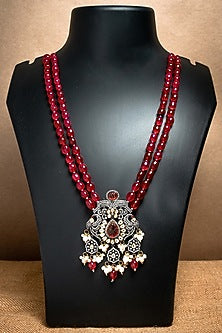 Black Rhodium Finish Ruby Beaded & Diamond Long Necklace