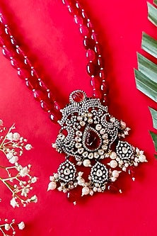 Black Rhodium Finish Ruby Beaded & Diamond Long Necklace