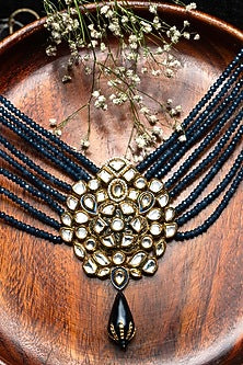Gold Finish Beaded & Jadau Long Necklace