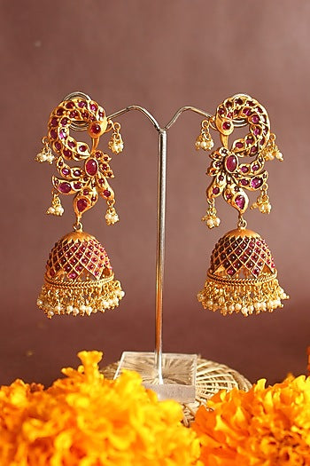 Gold Finish Semi-Precious Ruby Stone & Kundan Polki Jhumka Earrings