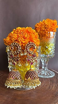 Gold Finish Semi-Precious Ruby Stone & Kundan Polki Jhumka Earrings
