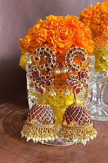 Gold Finish Semi-Precious Ruby Stone & Kundan Polki Jhumka Earrings