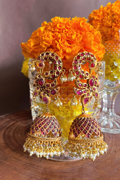 Gold Finish Semi-Precious Ruby Stone & Kundan Polki Jhumka Earrings